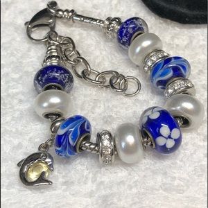 Murano glass European fit beaded bracelet dolphin and blues